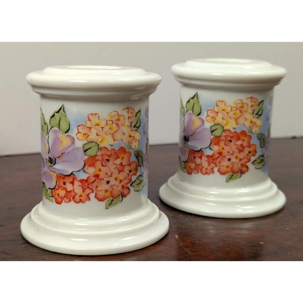Vintage Avon Floral Porcelain Candle Holders Pair White Taiwan 1980s Cottagecore